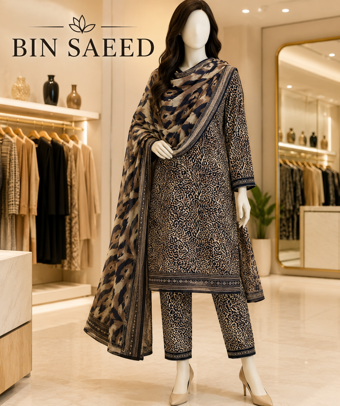Black- 3 piece printed unstitched suit(b.s)