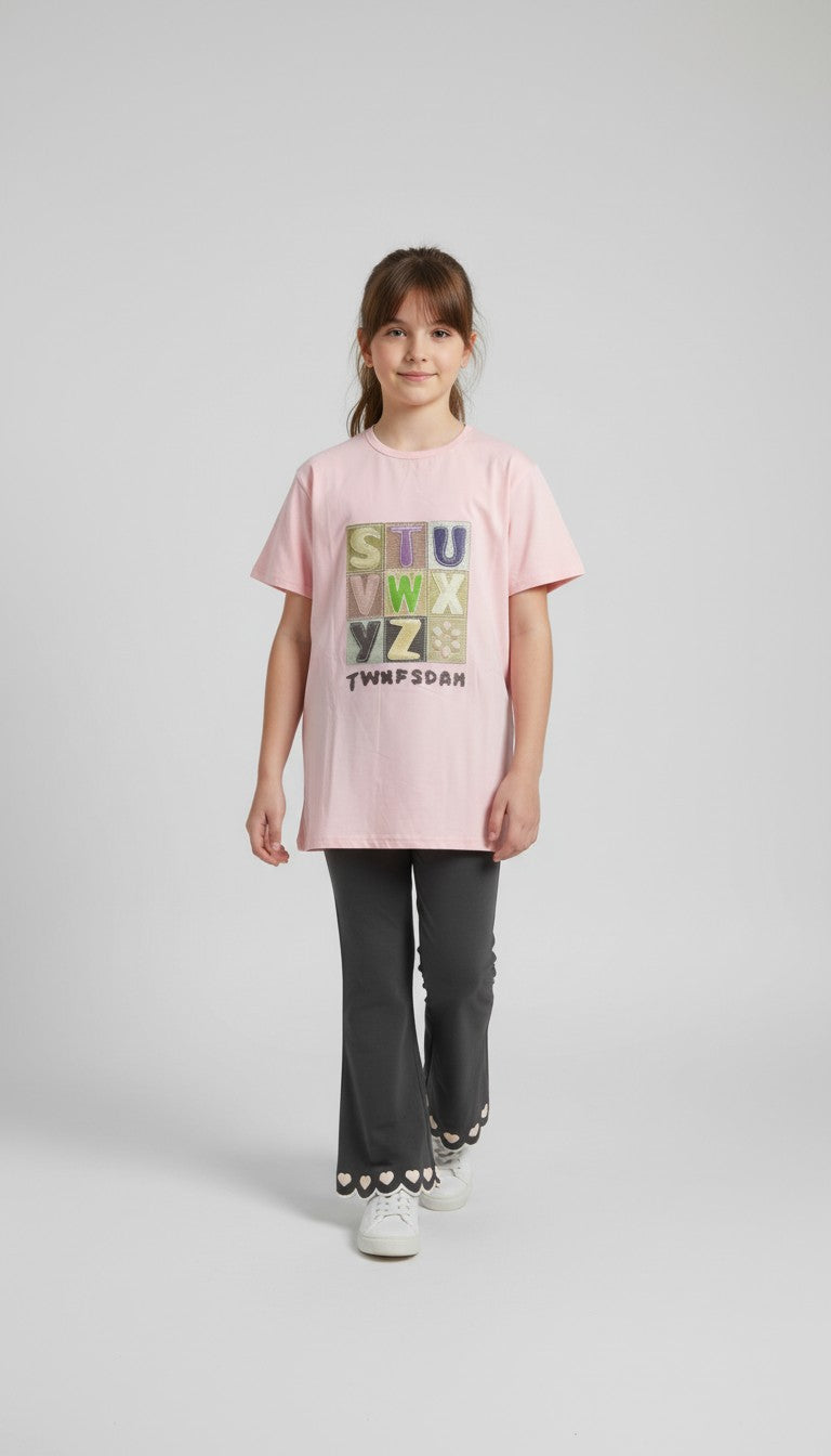 Girls Casual Graphic T-Shirt And Flared Trousers Set