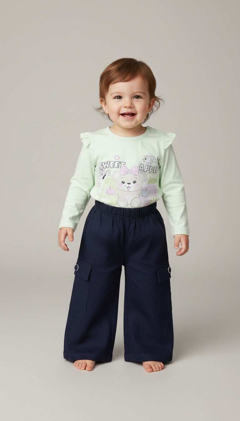 Long Sleeve Graphic Print Cotton T-Shirt with Trousers for Children