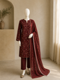 MAROON-LUXURY PRINTED 3 PIECE WOMEN DRESS
