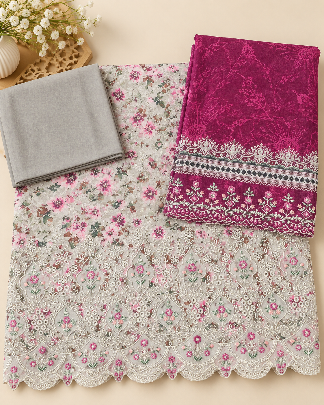 Embroidered Floral taupe-Bin saeed