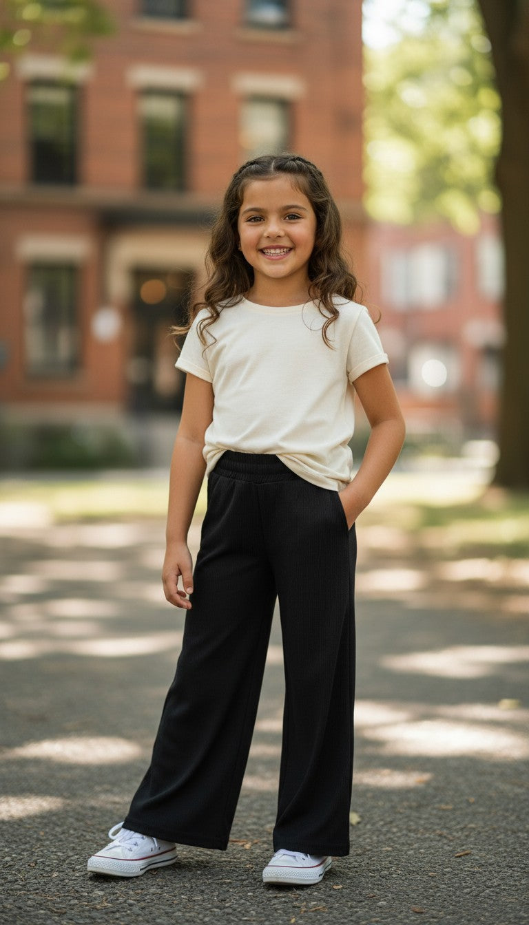 A young girl wearing AllurifyYou black ribbed wide-leg trousers and a white t-shirt, standing outdoors.