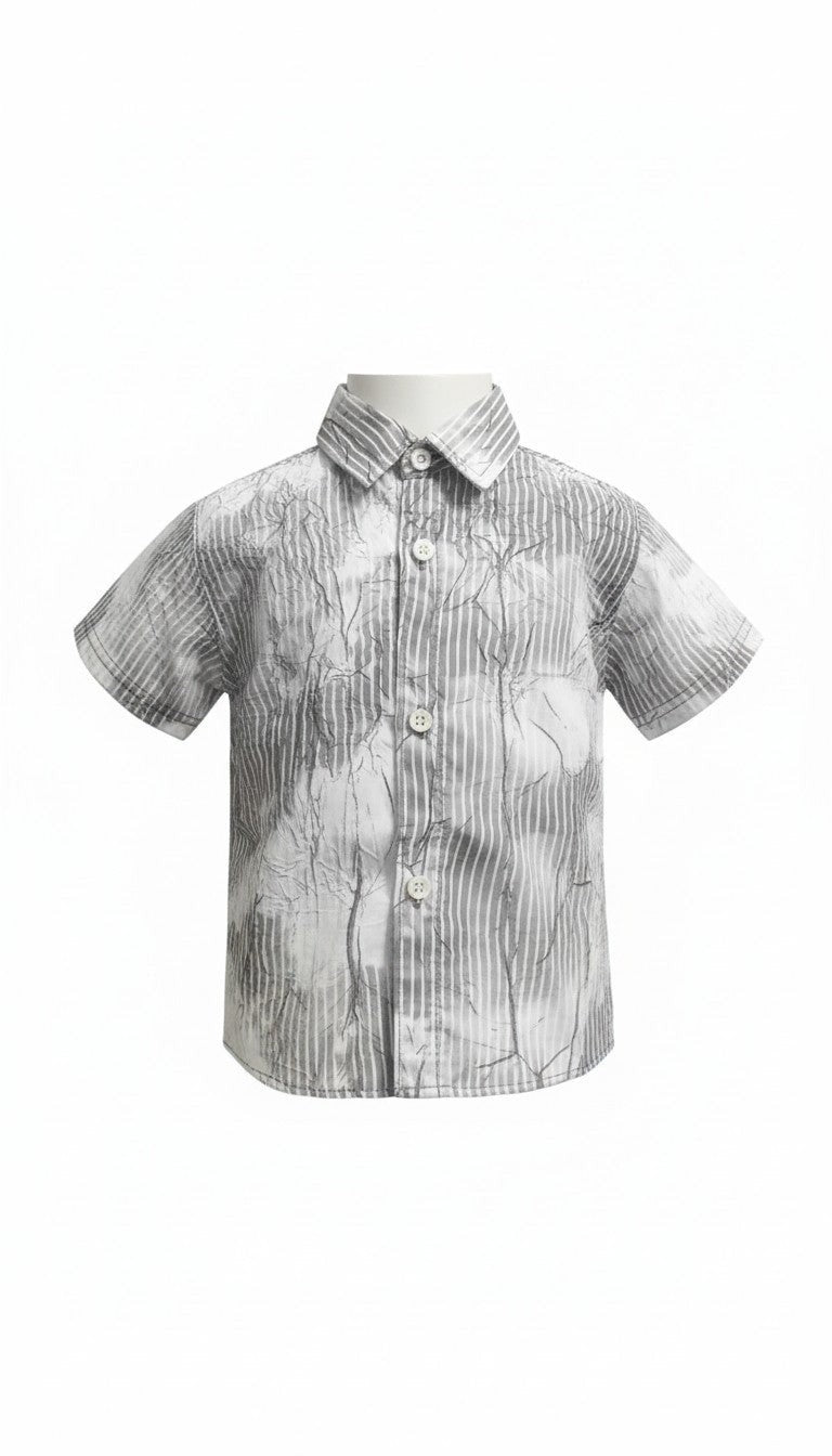 AllurifyYou boys short sleeve shirt in grey and white with a textured abstract print and button-down front