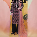 AllurifyYou three-piece lawn suit with black and peach circular print tunic, black trousers, and embroidered dupatta.