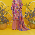 AllurifyYou three-piece lawn suit with pink floral tunic, wide-leg trousers, and matching dupatta on yellow background