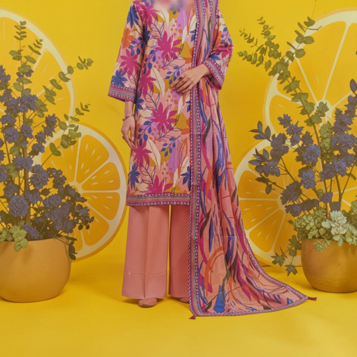 AllurifyYou three-piece lawn suit with pink floral tunic, wide-leg trousers, and matching dupatta on yellow background