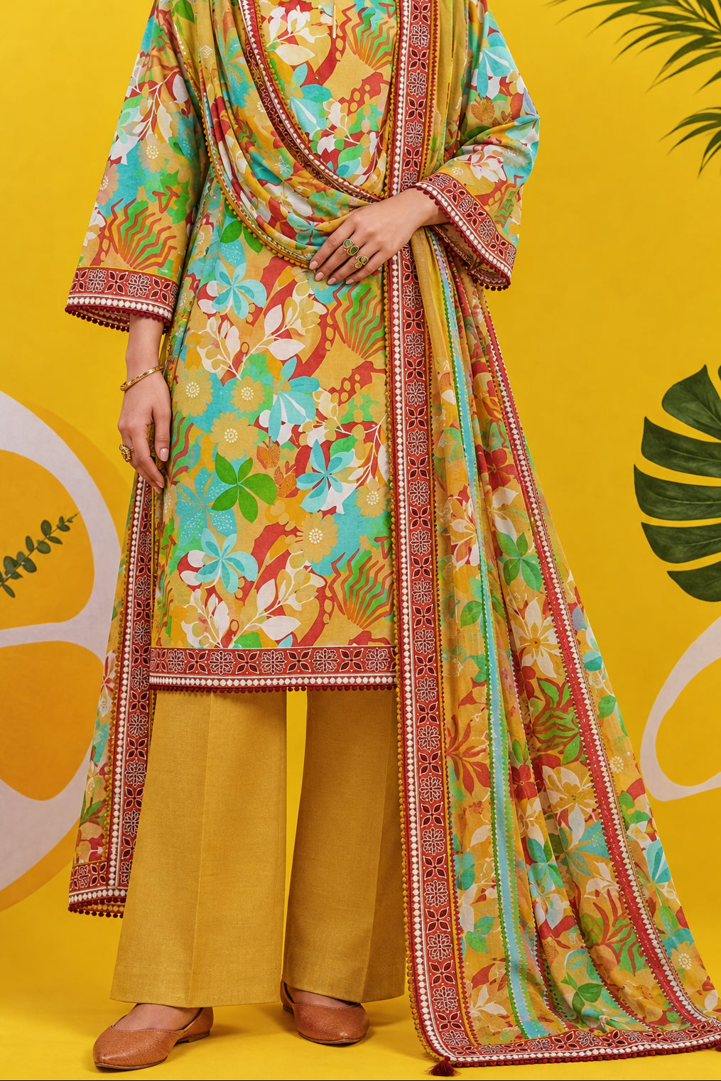 AllurifyYou three-piece lawn suit with a multi-coloured floral print shirt, wide-leg trousers, and matching dupatta.