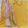 AllurifyYou three-piece lawn suit featuring a cream shirt with vibrant floral print, tassels, and matching dupatta.