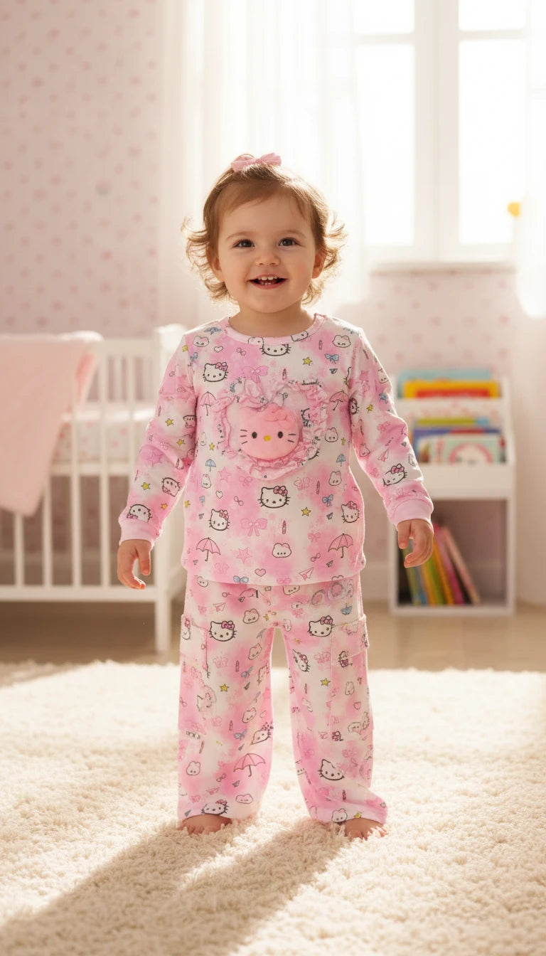 Toddler wearing AllurifyYou pink Hello Kitty pajama set with long sleeves and textured appliqué in a nursery.