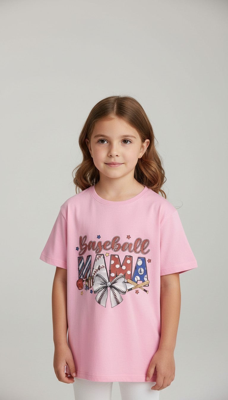 Young girl wearing an AllurifyYou soft pink crew neck t-shirt with a Baseball Mama graphic print and bow detail.