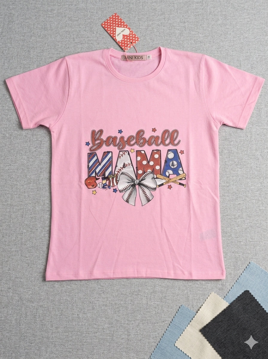 AllurifyYou soft pink crew neck t-shirt featuring a Baseball Mama graphic with bats, balls, and a bow design.
