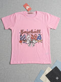 AllurifyYou soft pink crew neck t-shirt featuring a Baseball Mama graphic with bats, balls, and a bow design.