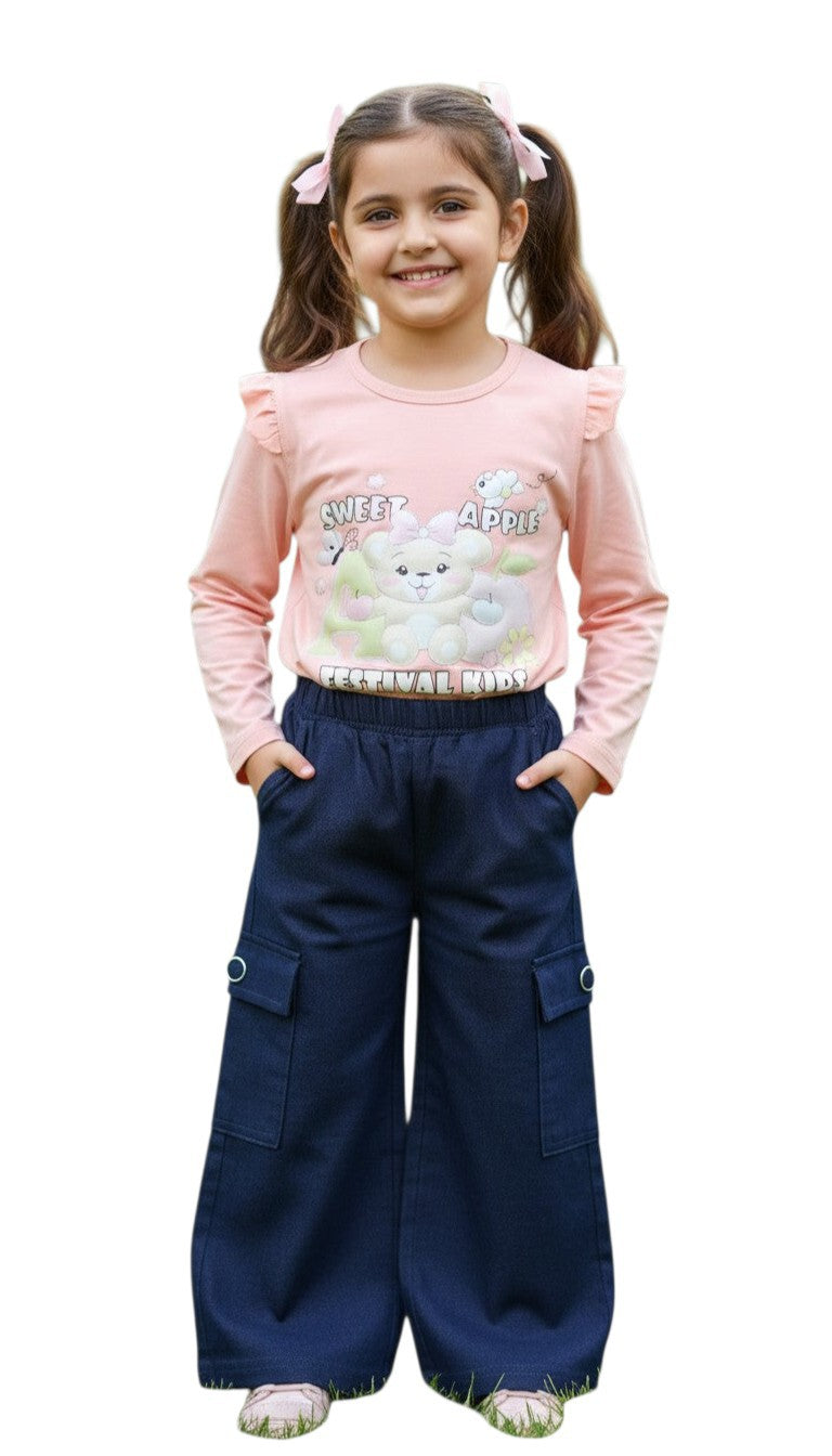 AllurifyYou pastel pink long-sleeve cotton t-shirt with bear graphic print and ruffled shoulders on a young girl.