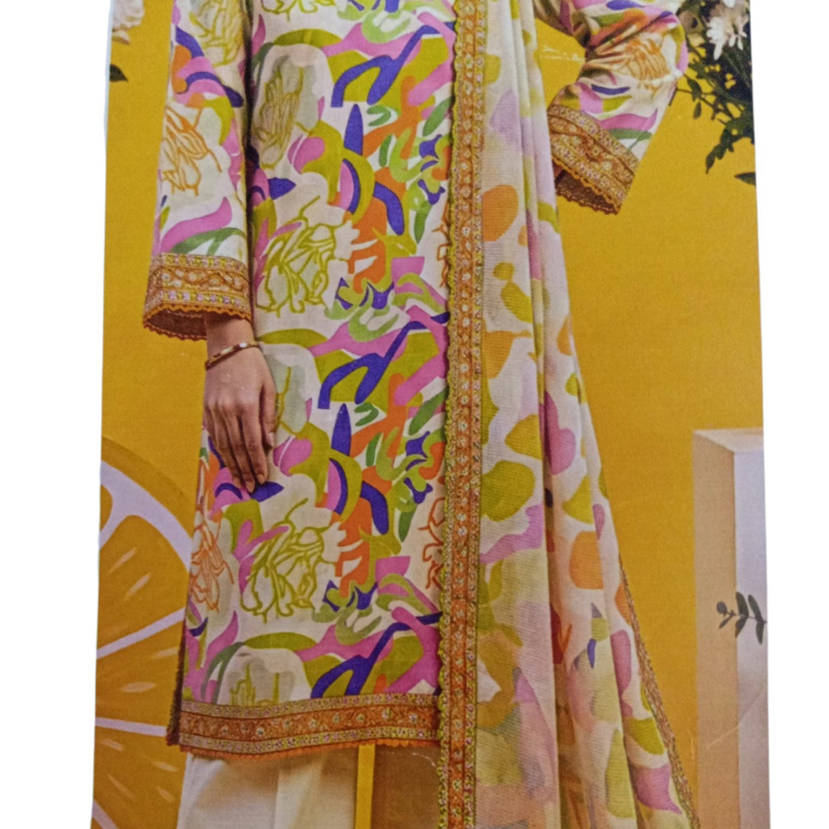 AllurifyYou three-piece lawn suit with abstract floral print in pink, orange, purple, and lime on a neutral base.