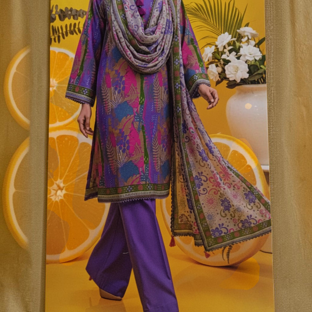 AllurifyYou three-piece purple lawn suit with floral digital print tunic, wide-leg trousers, and matching dupatta.