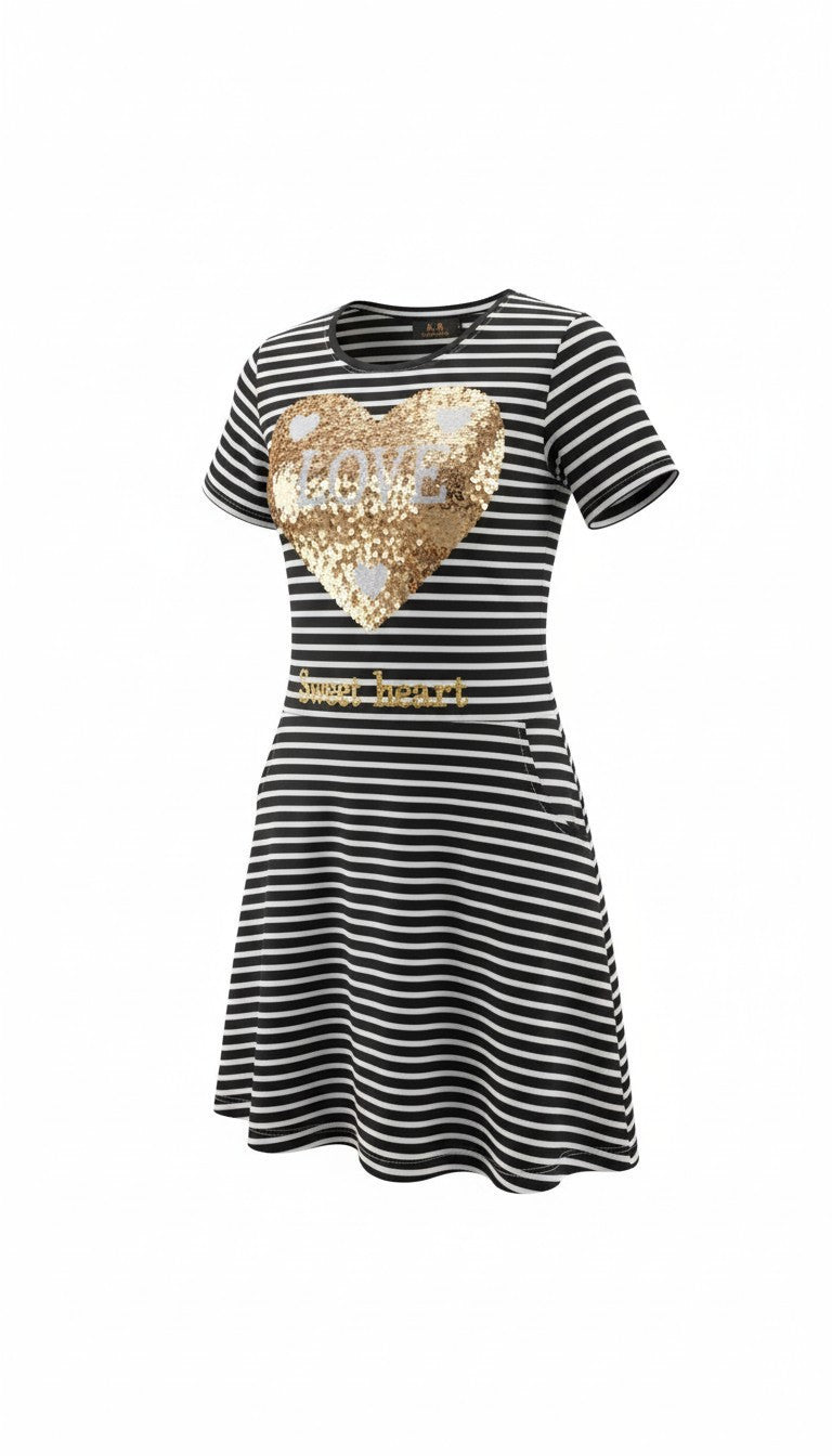 AllurifyYou black and white striped casual dress with a large gold sequin heart and Sweet heart embroidery.