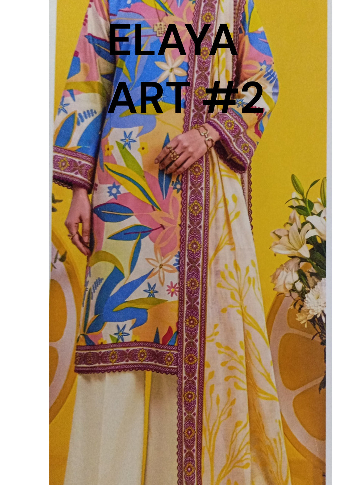 AllurifyYou three-piece lawn suit featuring a yellow tunic with vibrant blue and pink floral botanical prints.