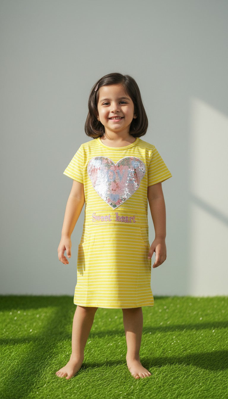 AllurifyYou yellow striped short sleeve dress with a sequin heart motif and Sweet heart embroidery on a young girl