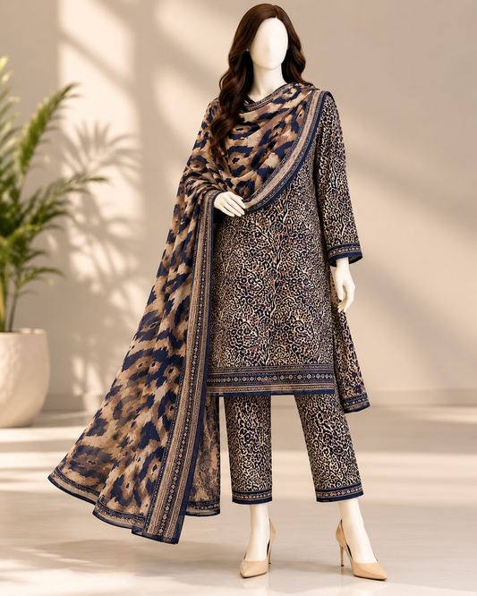 Black- 3 piece printed unstitched suit (B.S)