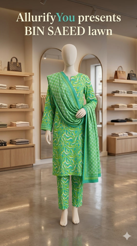 green - 3 piece unstitched printed suit (B.S)