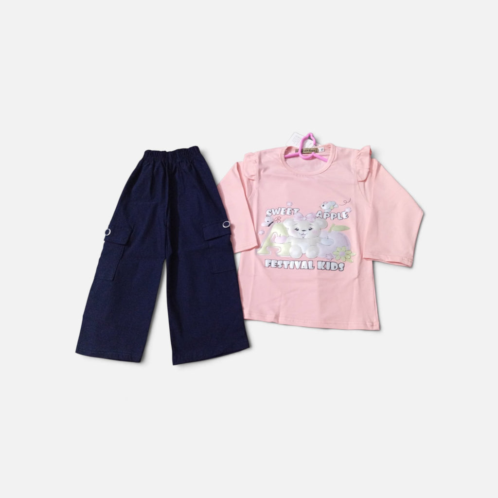 Long Sleeve Graphic Print Cotton T-Shirt with Trousers for Children