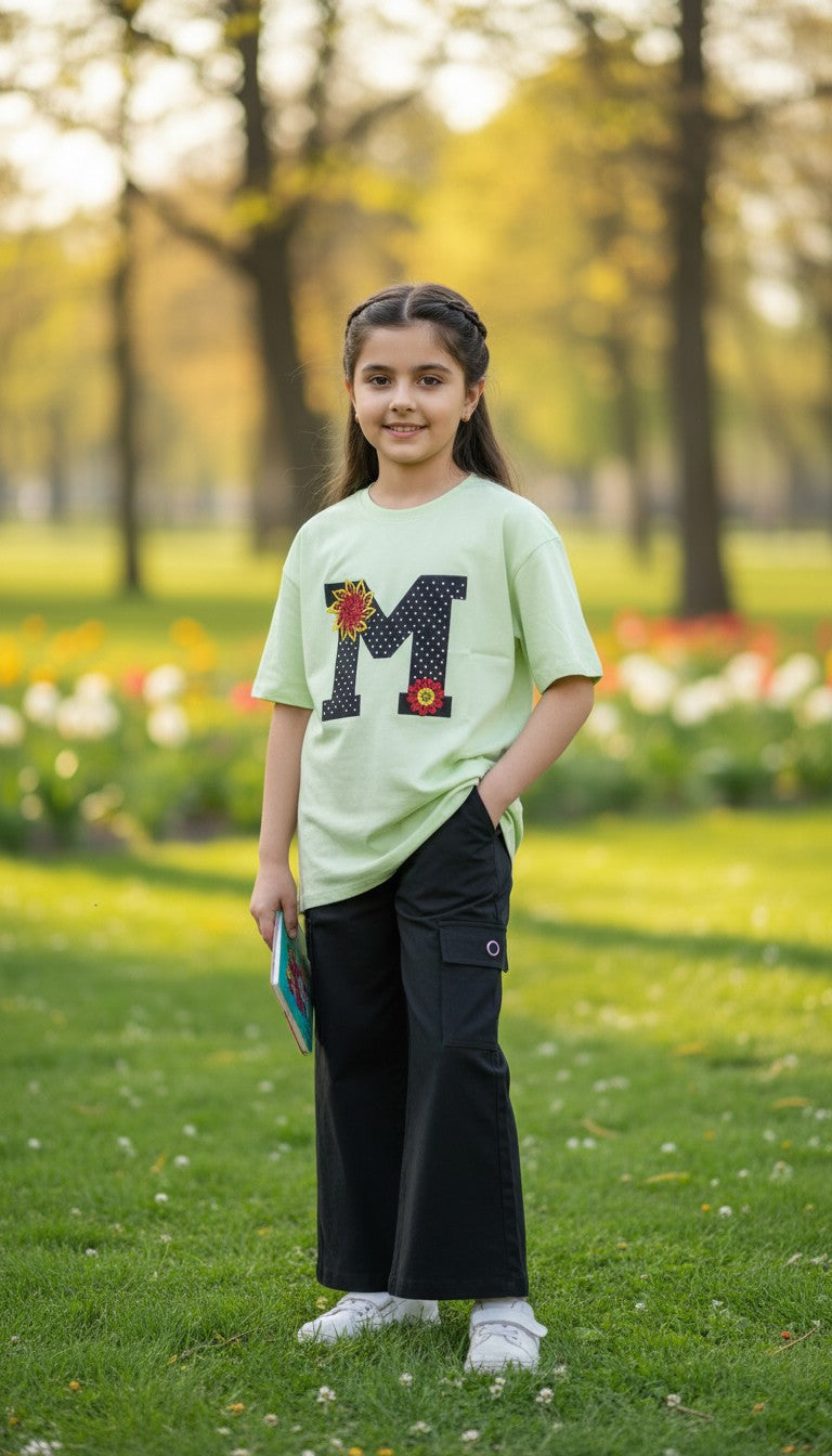 Girls Casual Graphic T-Shirt and Cargo Trousers Set