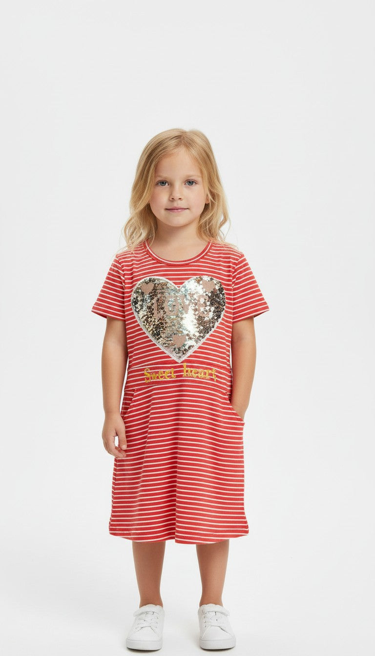 Casual Striped Short Sleeve Dress With Heart