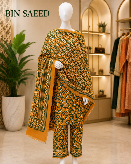 gold-3 Piece Digital Printed Unstitched Suit(B.S)